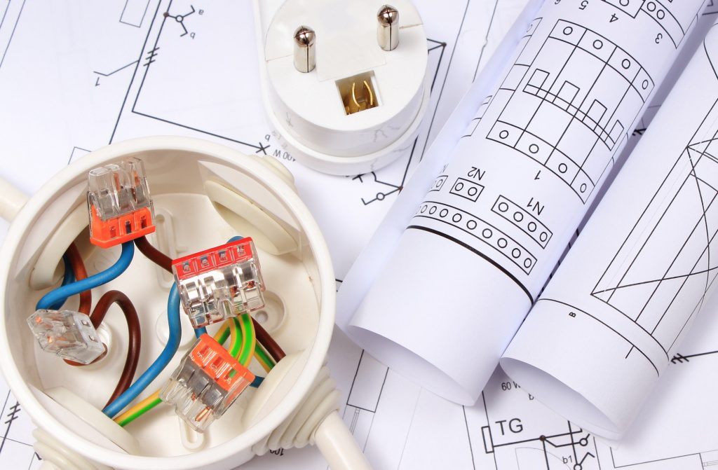 Electrical box with connections of electric copper wires, plug and housing plan